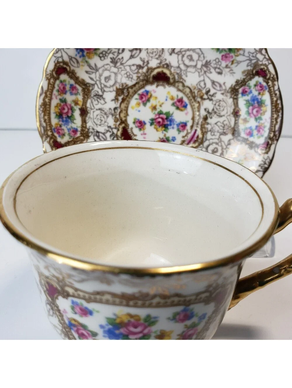 Vintage James Kent Demitasse Teacup & Saucer Pompadour England Gold Floral